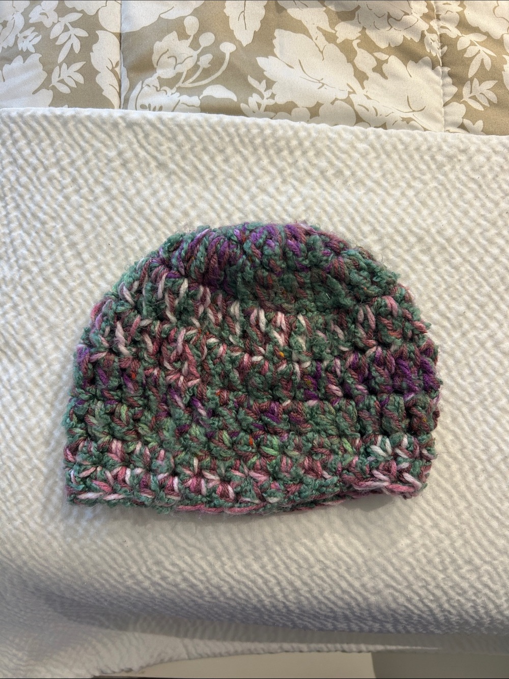 Handcrafted Multicolor Crochet Beanie - Green & Pink